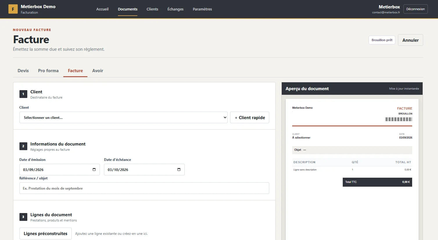 Interface réelle de création d’une facture dans MetierBox