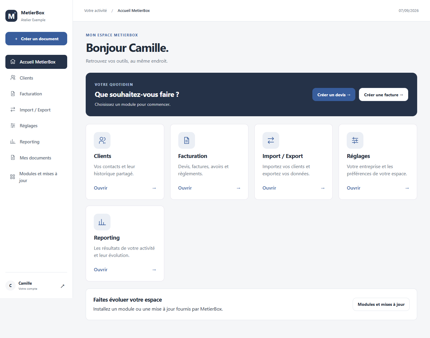 Accueil MetierBox avec ses modules Clients, Facturation, Import Export, Réglages et Reporting
